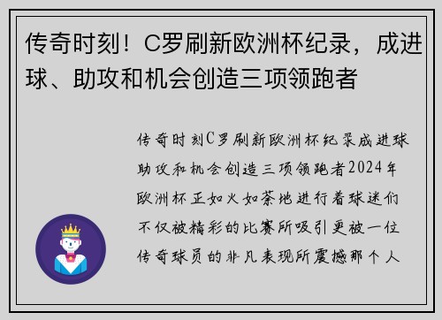 传奇时刻！C罗刷新欧洲杯纪录，成进球、助攻和机会创造三项领跑者